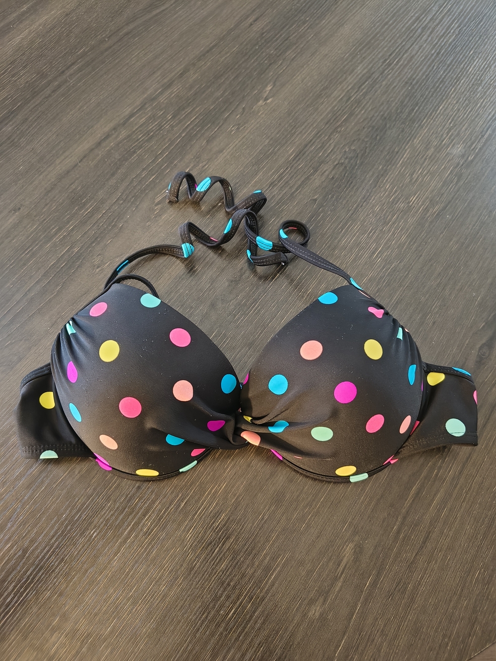 Black Polka Dot Push-Up Bikini Top with Multicolor Dots